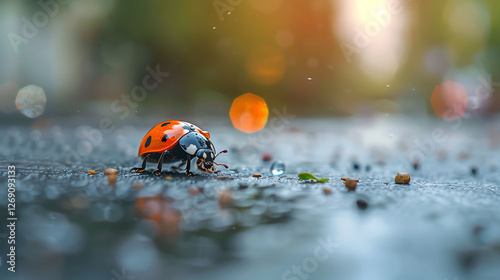 Ladybird beetle in a dewdrop on a sidewalk photo