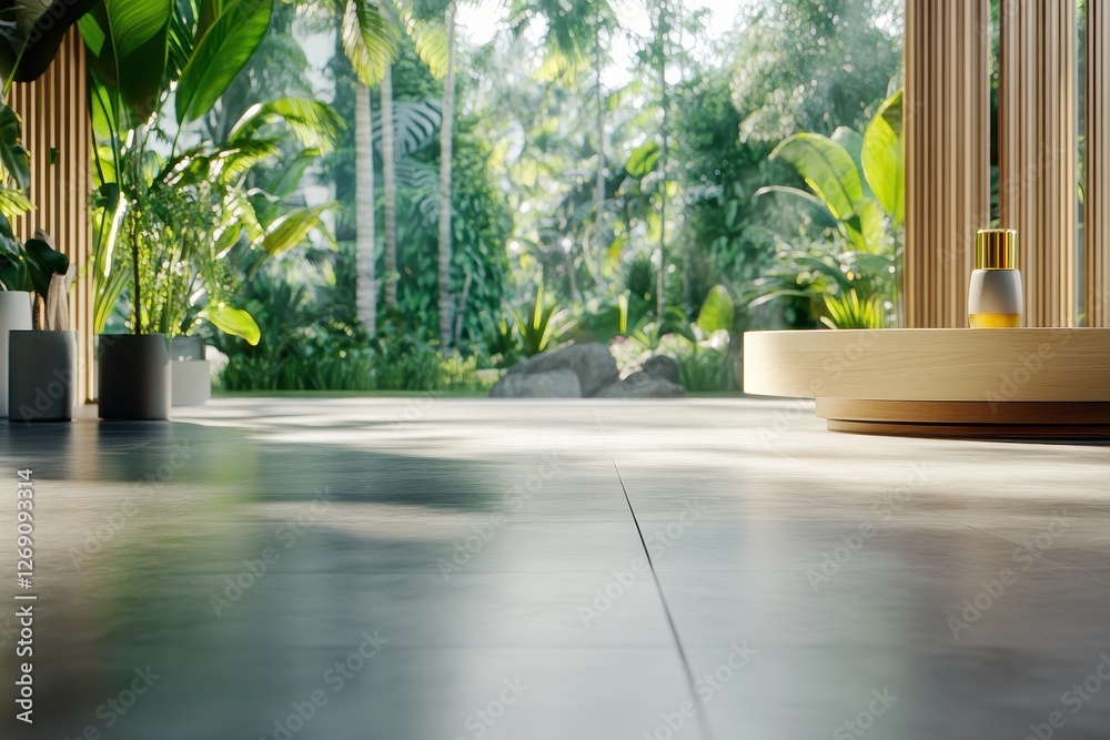 Fototapeta premium Serene Indoor Space Surrounded by Lush Greenery and Natural Light