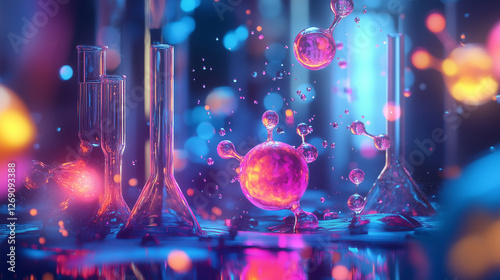 Abstract liquid chemical reactions in neon colors, glowing molecules colliding in a futuristic lab