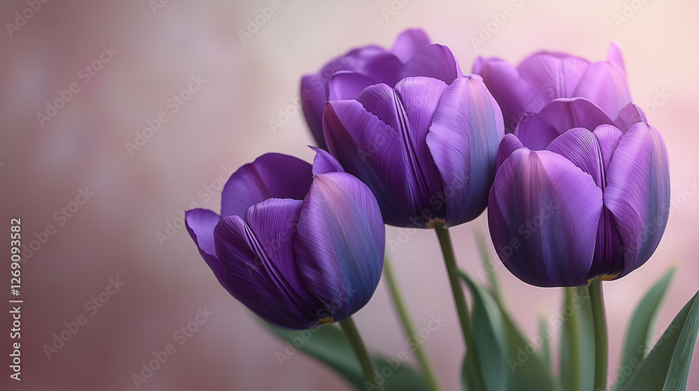 Vibrant purple tulips in soft light create a serene atmosphere in a blossoming garden Vibrant purple tulips in soft light create a serene atmosphere in a blossoming garden