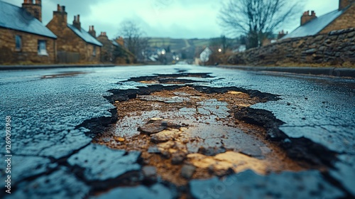 Fototapeta Naklejka Na Ścianę i Meble -  Potholes disrupt the calm streets of a quaint village under overcast skies