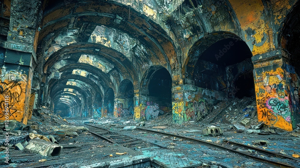 Naklejka premium Abandoned subway tunnel, graffiti art, urban decay, dark atmosphere, railway tracks