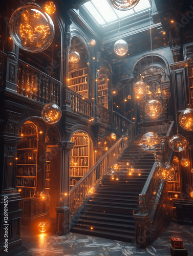 Surreal library with floating hourglasses, books that glow with trapped memories, staircases leading to different eras, 8k fantasy details