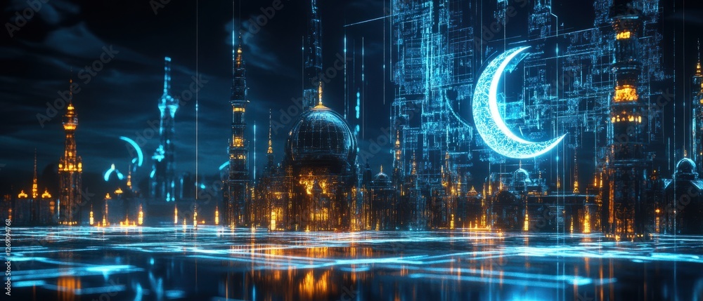 A futuristic cityscape illuminated by neon lights at night, featuring towering structures and a prominent crescent moon, set against a reflective water surface, evoking a sense of wonder A futuristic cityscape illuminated by neon lights at night, featuring towering structures and a prominent crescent moon, set against a reflective water surface, evoking a sense of wonder