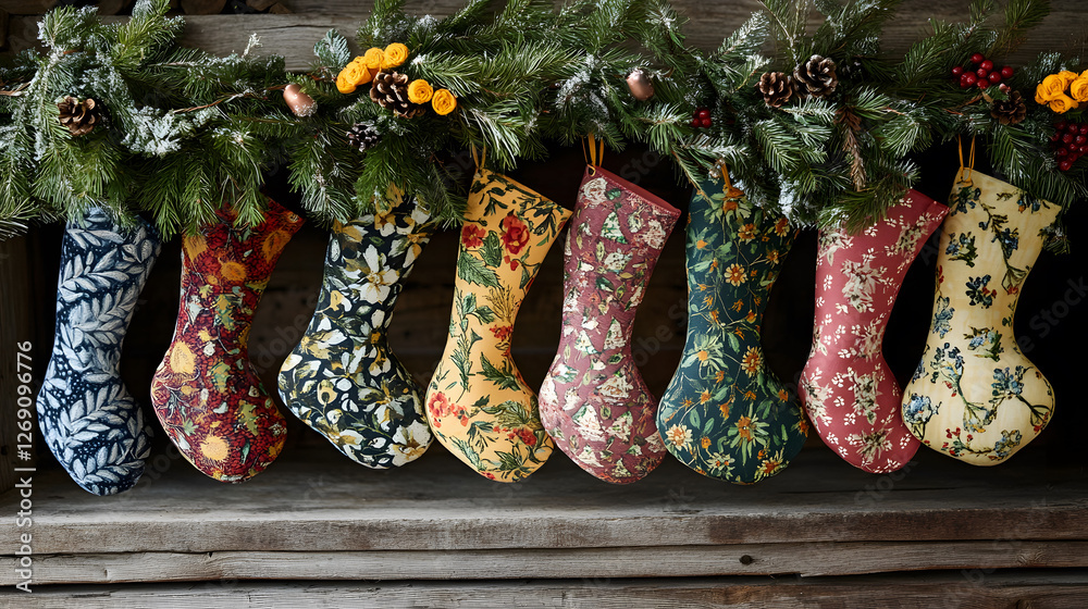Fototapeta premium Colorful, patterned Christmas stockings hang on a rustic wooden shelf, adorned with greenery and flowers, creating a festive holiday atmosphere