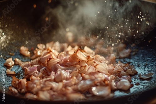 shallots finely chopped and sizzling in a pan, illuminated by the stove's light