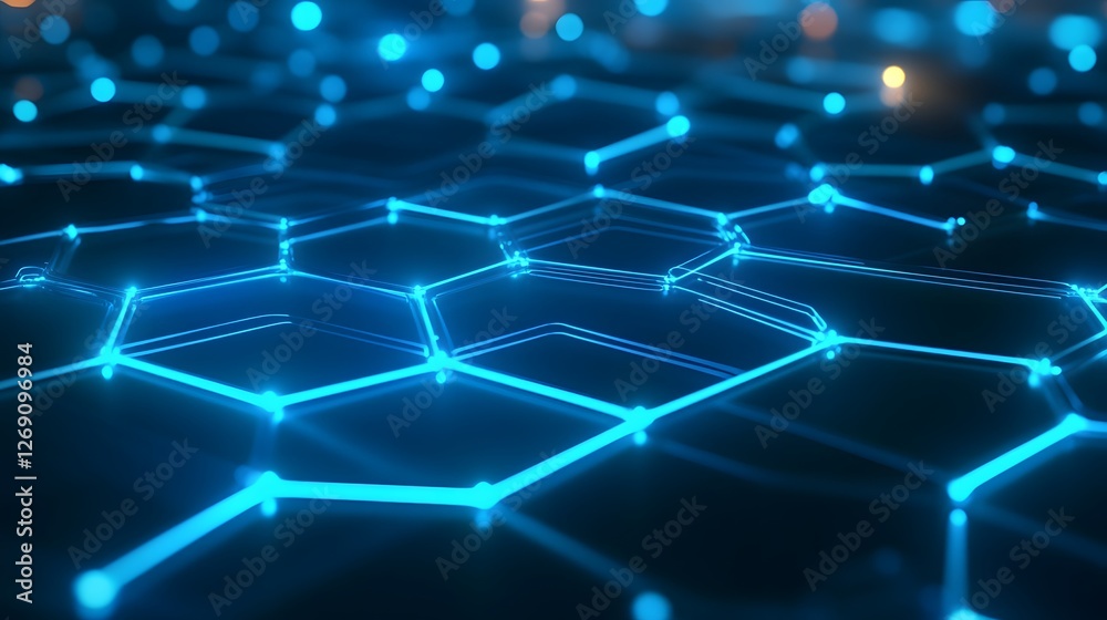 Obraz premium A high-tech digital backdrop with interconnected neon blue circuit lines forming a complex network over a subtle hexagonal grid pattern 