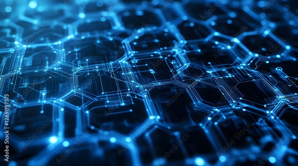 Obraz premium A digital network visualization in shades of blue, featuring interconnected circuit paths weaving through a background of transparent hexagonal overlays 