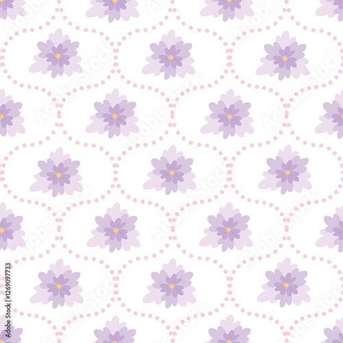 Delicate floral seamless pattern with soft purple flowers with vintage lattice design for fabrics, wallpapers, wrapping paper, textile prints, stationery, etc. EPS 10