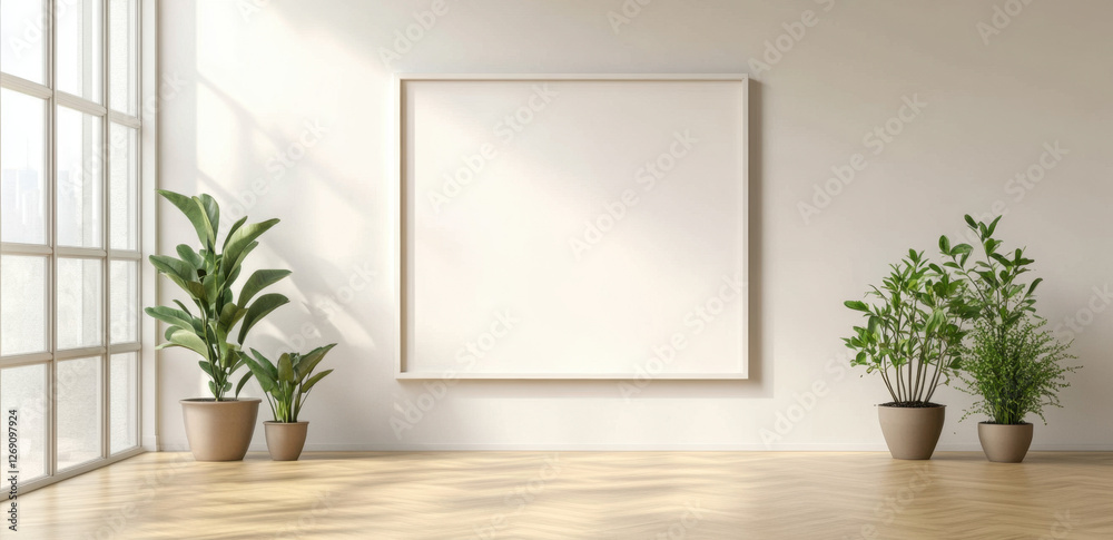 Bright room features a large blank white frame on the wall alongside decorative indoor plants under natural light Bright room features a large blank white frame on the wall alongside decorative indoor plants under natural light