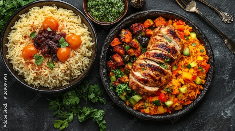 A vibrant meal featuring grilled chicken, colorful vegetables, and rice with garnishes. A vibrant meal featuring grilled chicken, colorful vegetables, and rice with garnishes.