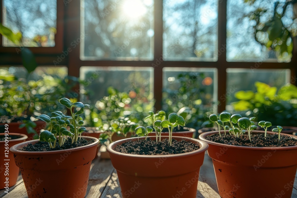 Sunlit Indoor Garden with Growing Seedlings in Terracotta Pots Sunlit Indoor Garden with Growing Seedlings in Terracotta Pots