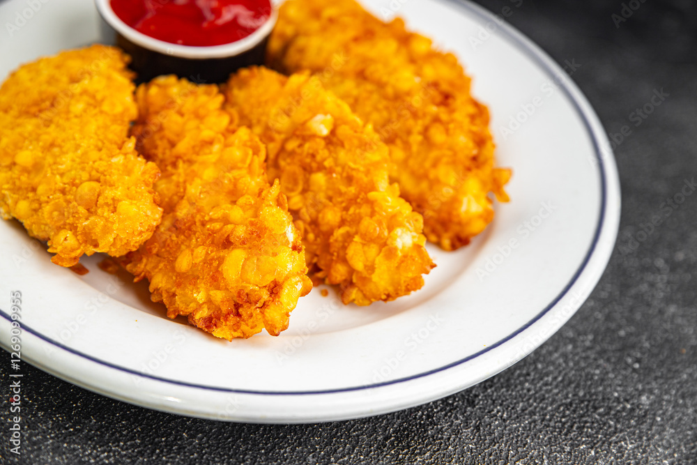 Nuggets chicken meat breaded deep fried fresh tasty food dish gourmet food background on the table rustic food top view copy space Nuggets chicken meat breaded deep fried fresh tasty food dish gourmet food background on the table rustic food top view copy space