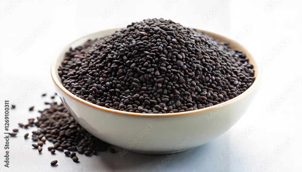 Black sesame seeds in a white bowl Black sesame seeds in a white bowl
