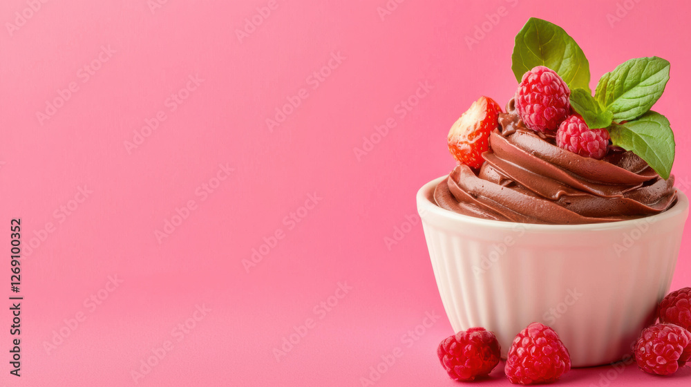 Delicious chocolate dessert topped with fresh raspberries and mint. Delicious chocolate dessert topped with fresh raspberries and mint.