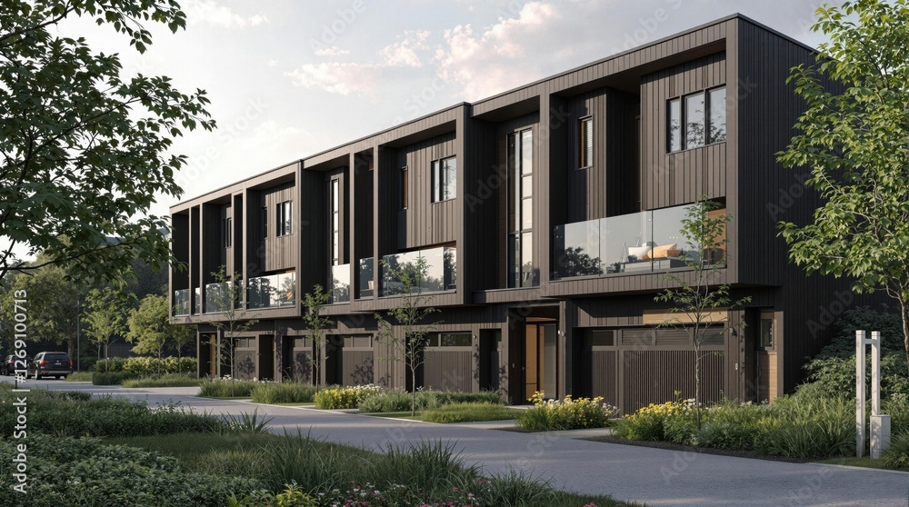 Fototapeta premium Modern luxury villa with sleek contemporary architecture, large glass windows, and lush green surroundings, a perfect example of minimalist residential design