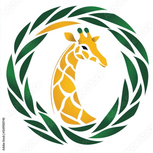 Giraffe Logo Design in Circle Surrounded by Green Leaves and Foliage photo