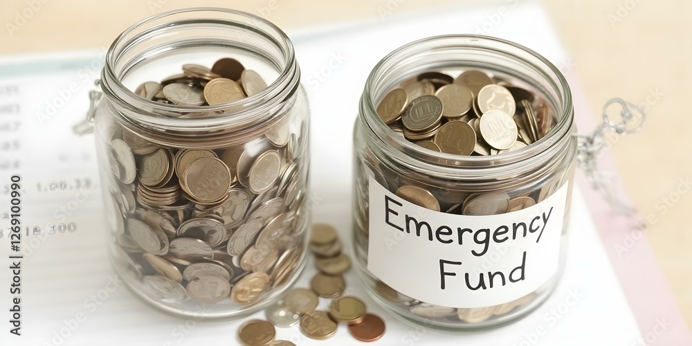 Saving for a Rainy Day: Two glass jars filled with coins, one labeled Saving for a Rainy Day: Two glass jars filled with coins, one labeled