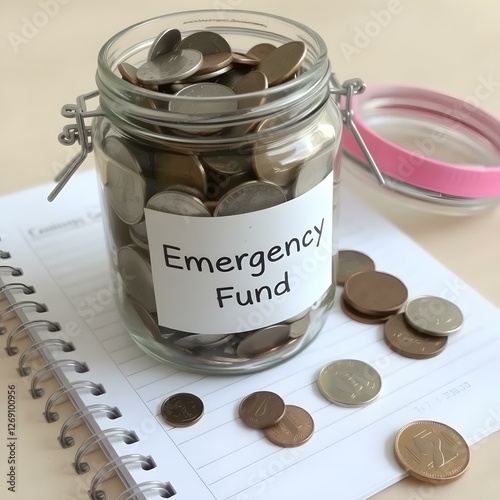 Emergency Fund Jar: A glass jar filled with various coins sits on a notepad, clearly labeled 