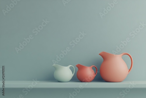 Three Colored Jugs on a Shelf photo