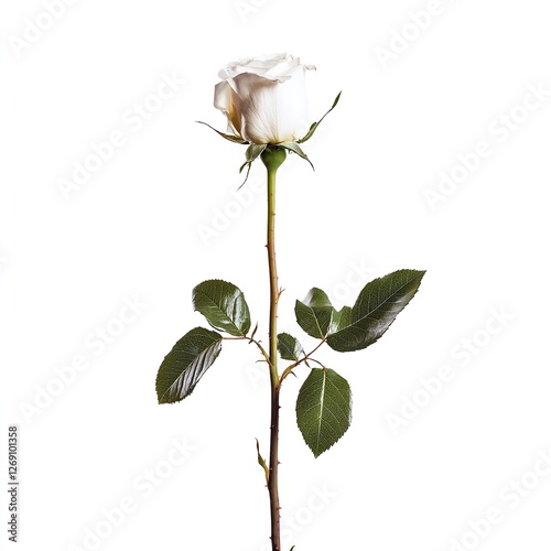 A delicate digital illustration of a single white rose with soft, realistic shading and detailed green leaves, presented on a clean white background, conveying a sense of purity, elegance, and natural