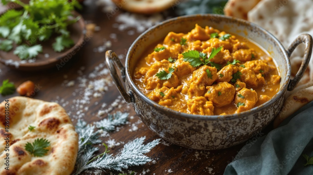 Authentic Indian curry served in a traditional bowl with fresh herbs and bread, representing rich flavors and aromatic spices Authentic Indian curry served in a traditional bowl with fresh herbs and bread, representing rich flavors and aromatic spices