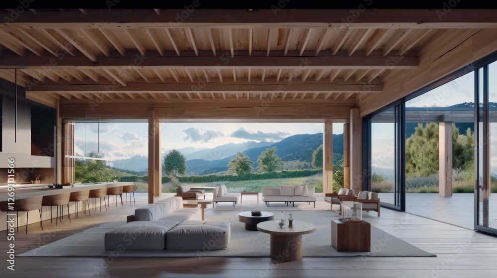 Modern Mountainside Living Room: Panoramic Views and Wooden Architecture Modern Mountainside Living Room: Panoramic Views and Wooden Architecture