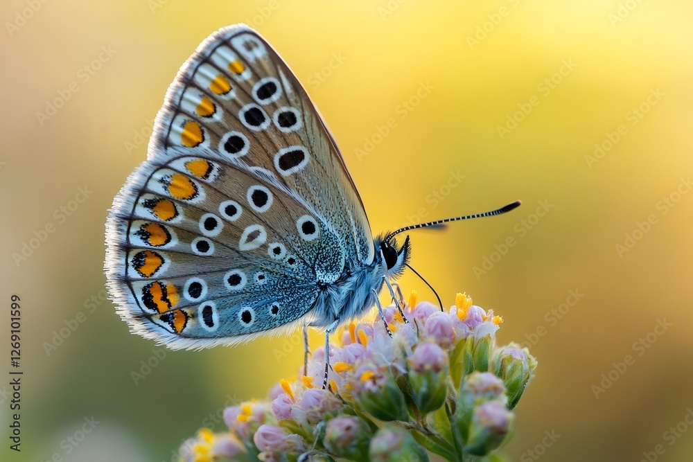Obraz premium Adonis blue butterfly feeding on small pink flowers with yellow background