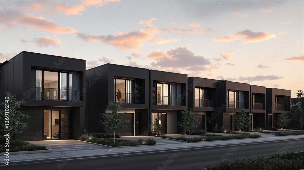 Modern Row Houses During Sunset with Contemporary Architecture Design Modern Row Houses During Sunset with Contemporary Architecture Design