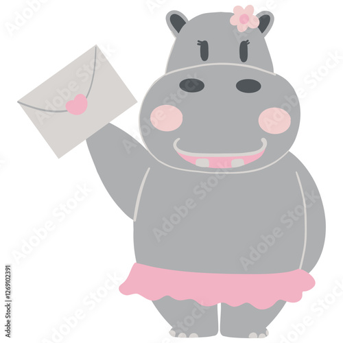 Valentine hippo theme. Cartoon hippo holding an envelope in a pink tutu.