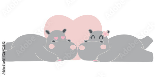 Valentine hippo theme. Cute hippos cuddling with a heart backdrop.