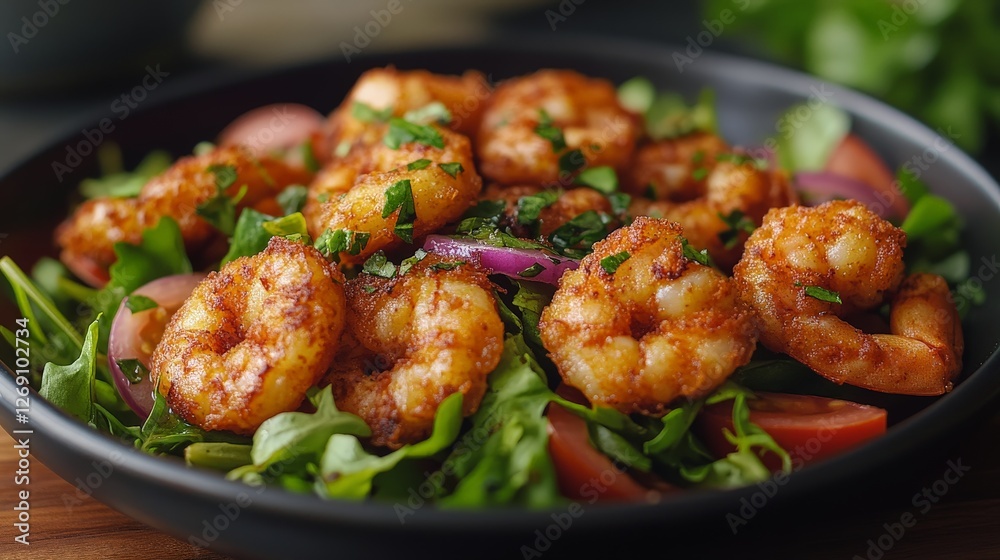 A vibrant plate of seasoned shrimp on a bed of fresh greens and tomatoes. A vibrant plate of seasoned shrimp on a bed of fresh greens and tomatoes.