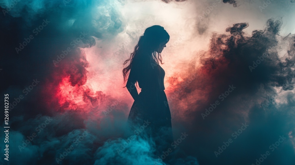 Obraz premium Silhouette of a woman standing in mystical smoke