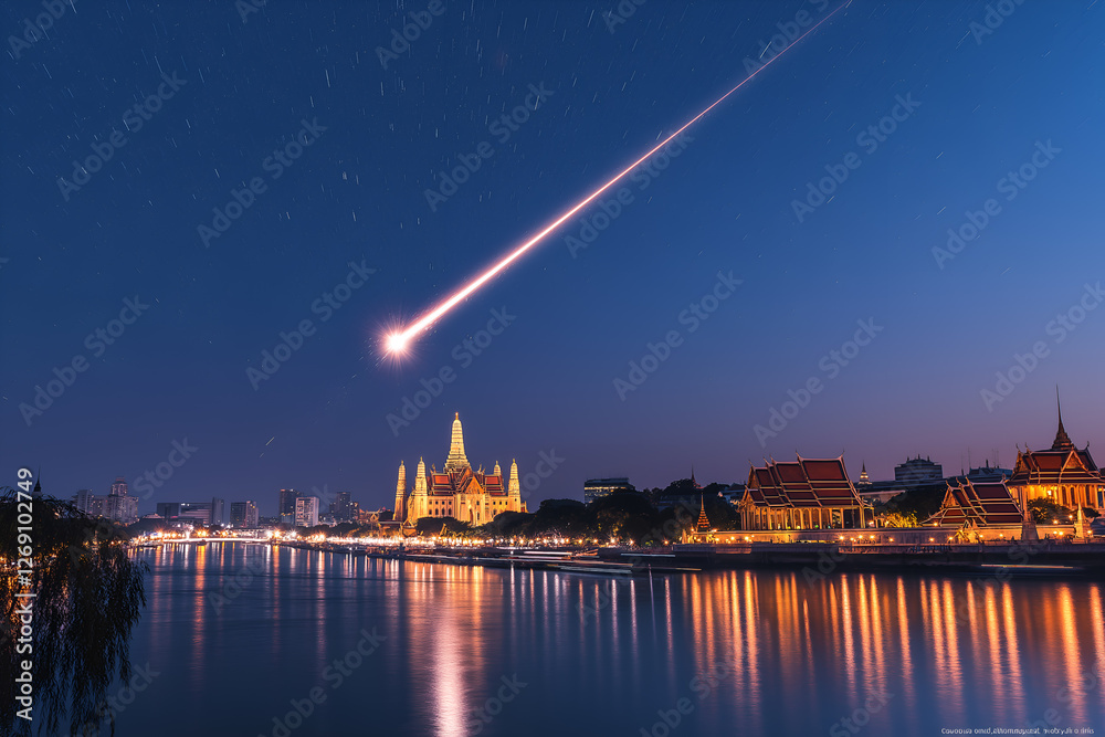 Obraz premium A striking comet with a shimmering tail blazing through the Bangkok night sky, casting a brilliant glow over the Grand Palace and Chao Phraya River