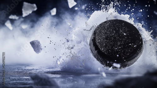 Hockey puck flying through ice with splashes