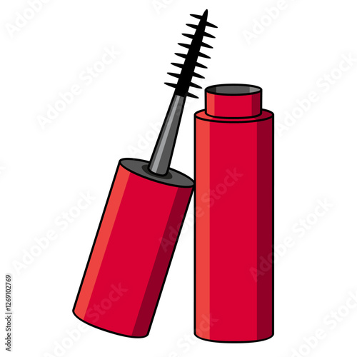 Mascara rimmel rosso per ciglia. Disegno simpatico stile fumetto. Vettoriale editabile