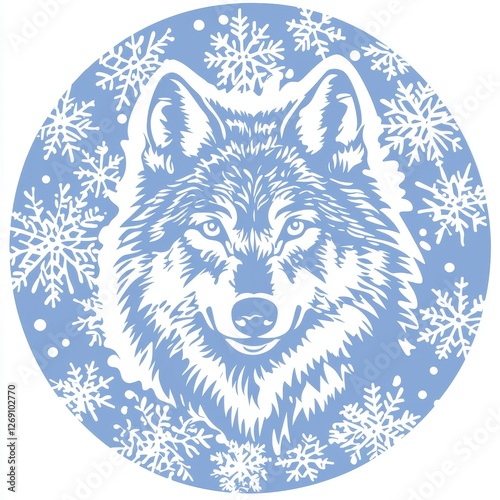 Wolf Logo Design in Circle Surrounded by Snowflakes in Winter Theme photo