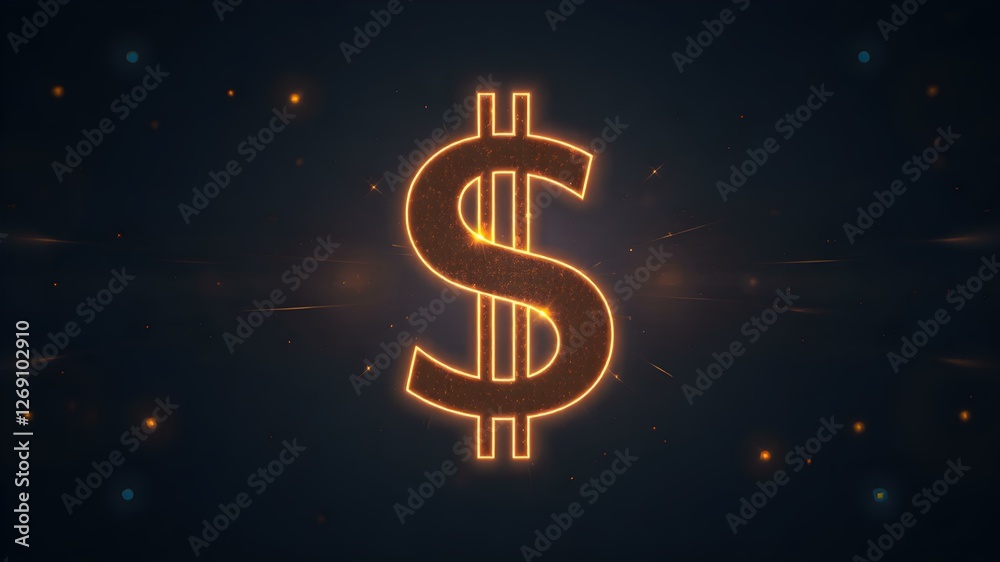 Dollar Sign Glowing: A luminous dollar sign with a gold outline bursts forth from a deep blue background. The symbol shimmers with a soft, warm light, evoking feelings of wealth, prosperity. Dollar Sign Glowing: A luminous dollar sign with a gold outline bursts forth from a deep blue background. The symbol shimmers with a soft, warm light, evoking feelings of wealth, prosperity.