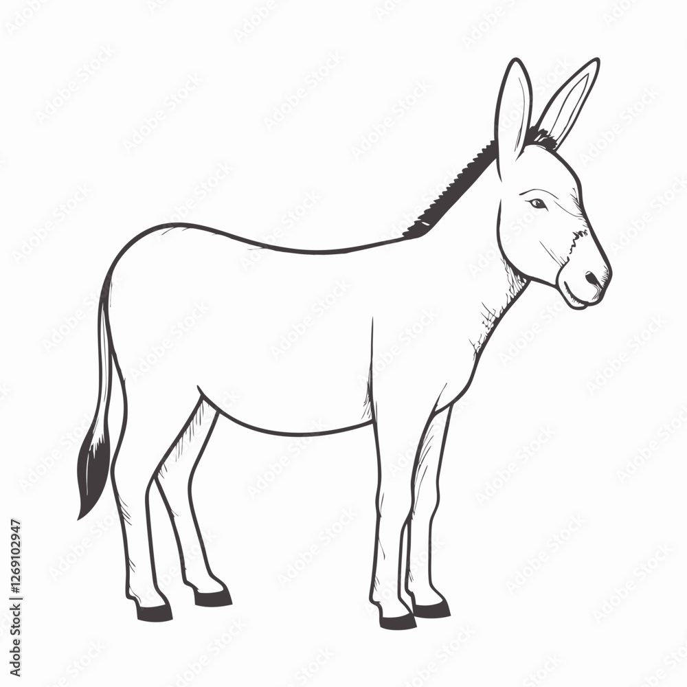 A standing donkey in black and white A standing donkey in black and white
