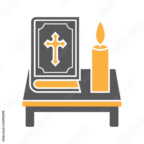 Religious book and candle on wooden table