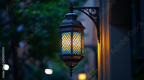 Illuminated Moroccan lantern, outdoor wall mount, night scene, city backdrop, home decor