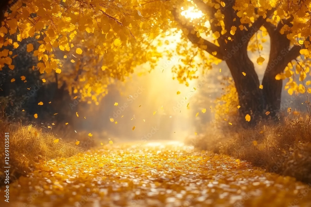 Golden leaves falling on a path in autumn sunlight Golden leaves falling on a path in autumn sunlight
