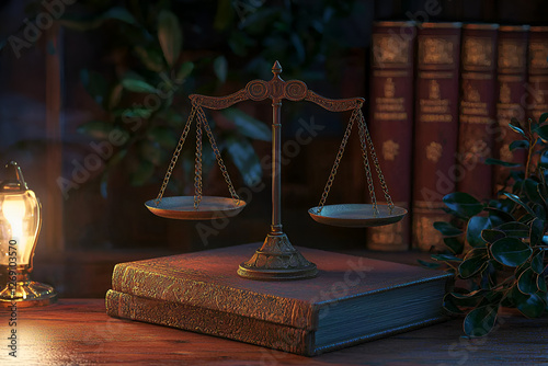 A balanced scale of justice on a lawyer's desk, illuminated by soft lighting, symbolizing fairness and legal integrity. photo