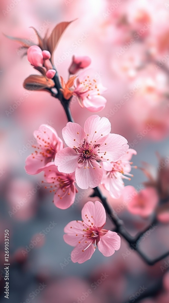 Blooming pink flowers create stunning spring scene on branch Blooming pink flowers create stunning spring scene on branch