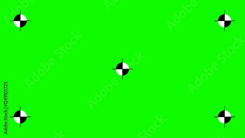 Greenscreen template. Green background with tracking black cross marks. Chromakey video technology to add visual effects or VFX in footage during movie post-production phase. Vector flat illustration.