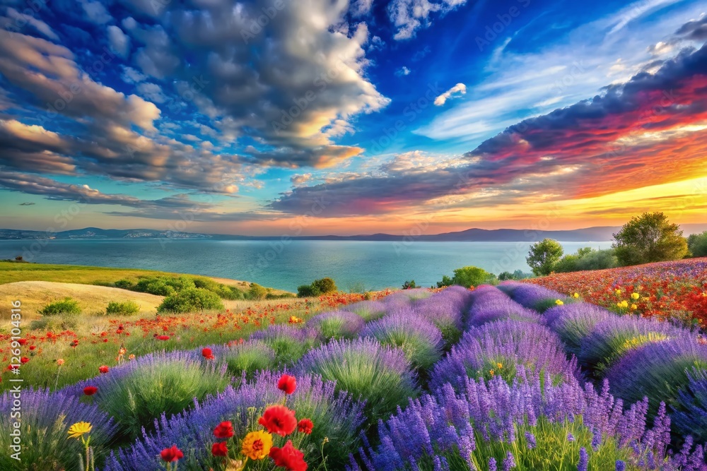 Obraz premium Panoramic Lavender & Poppy Field, Blue Sky, Sea Horizon - Impressionist Oil Painting Banner