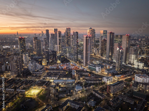 Canary Wharf shot from the air at sunset