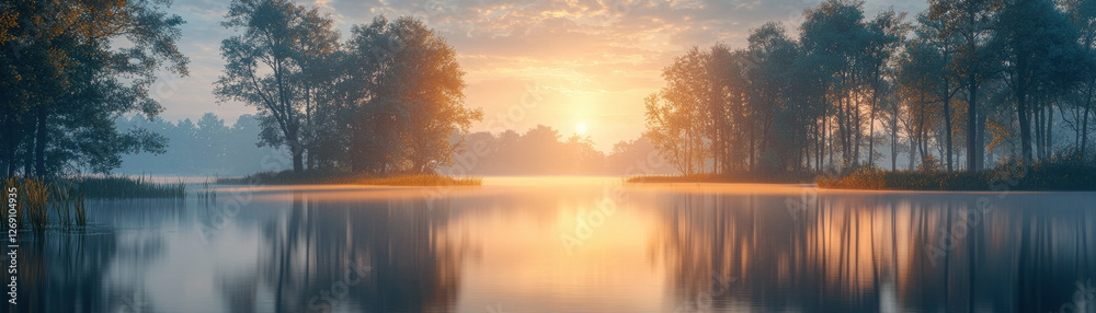 Serene lake at sunrise with gentle mist and reflections on water. Serene lake at sunrise with gentle mist and reflections on water.