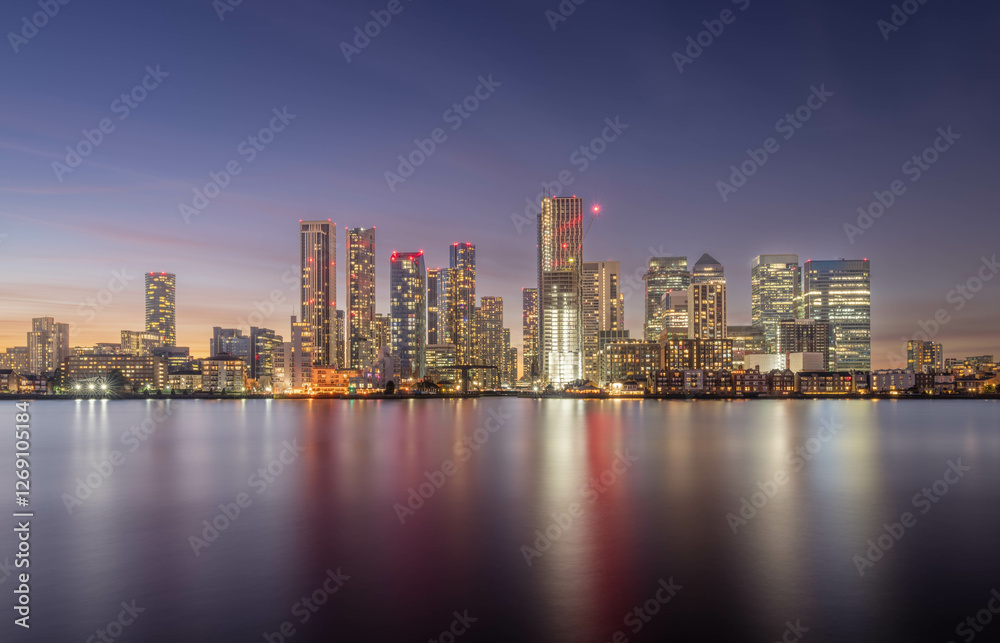 Canary Wharf shot from the Greenwich peninsula, in the blue hour. Canary Wharf shot from the Greenwich peninsula, in the blue hour.