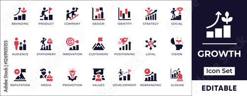 Flat growth icon set featuring business expansion, financial success, career progress, development, personal growth, and strategic improvement.